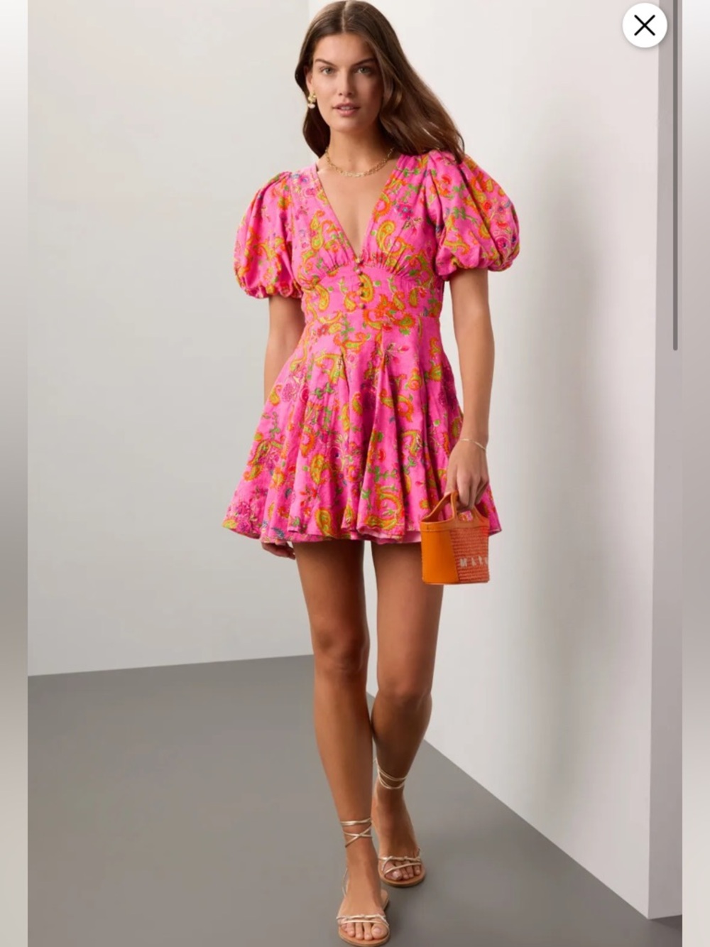 HEMANT & NANDITA Pink and Orange Floral Puff-Sleeve Mini Dress